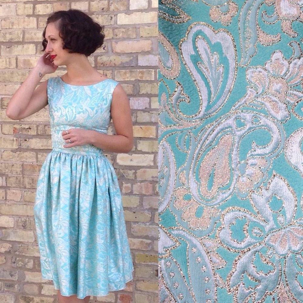 Queen of Hearts Aqua & Gold Brocade 1960s Style Party Dress